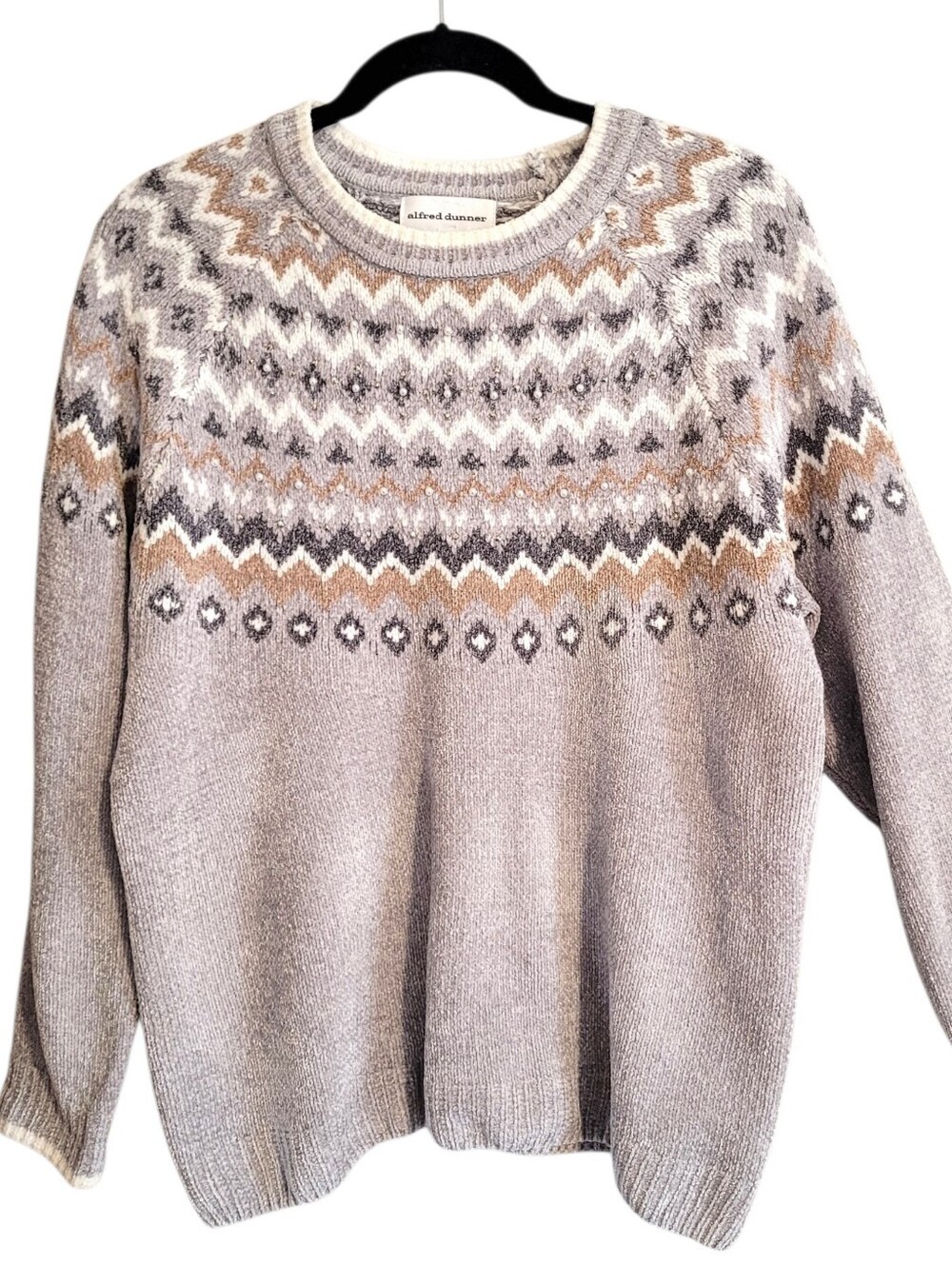 Alfred Dunner Fair Isle Crewneck Chenille Sweater M Metallic Studs Pearls Cozy
